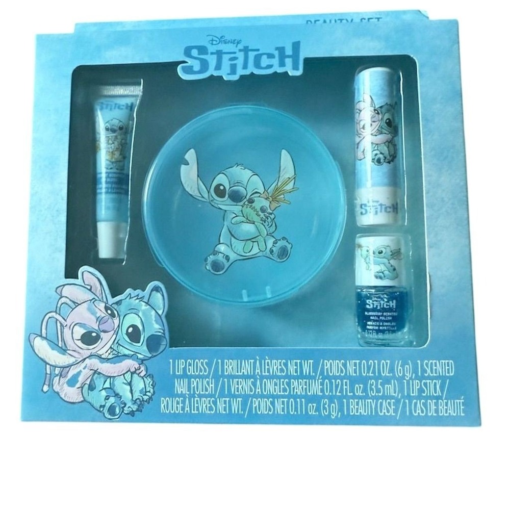 Disney Stitch Beauty Set Lip Gloss Nail Polish Lip Stick & Case stocking stuffer